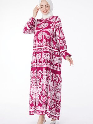 Düz Hakim Yaka Fuşya Desenli Renkli Elbise Düz Hakim Yaka Fuşya Desenli Renkli Elbise