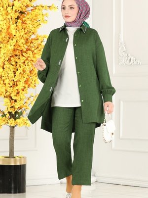 Haki Taş İşlemeli Keten Aerobin Takım