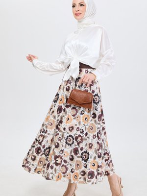 Kahve Çiçek Desenli Piliseli Etek