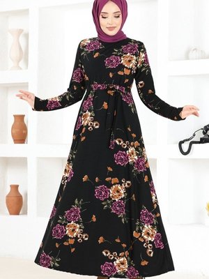 Mürdüm & Siyah Kemerli Desenli Elbise