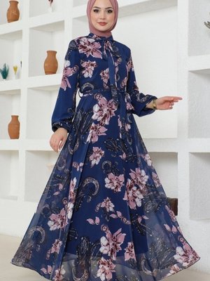 İndigo Fular Yakalı Şifon Elbise