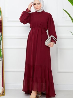 Bordo Eteği Katlı Şifon Elbise Bordo Eteği Katlı Şifon Elbise