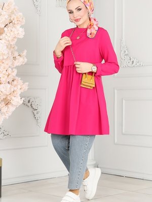 Fuşya Pat Detaylı Terikoton Tunik