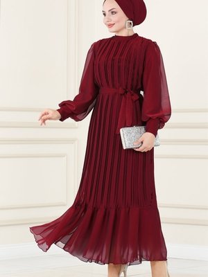 Bordo Piliseli Janjan Abiye Elbise Bordo Piliseli Janjan Abiye Elbise