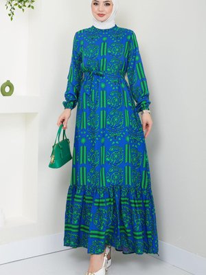 Eteği Volanlı Yeşil Viskon Elbise