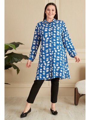 İndigo Tesettur Büyük Beden Fırça Desenli Uzun Gömlek Tunik