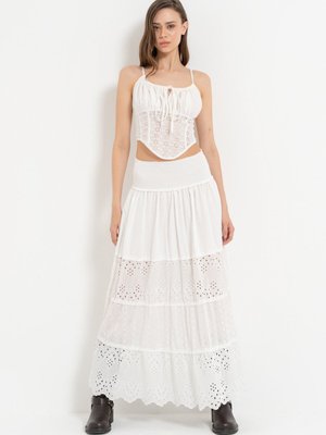 Offwhite Bel Lastikli Brode Uzun Etek