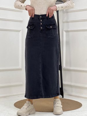 Patı Düğmeli Körük Cepli Kot Etek Antrasit