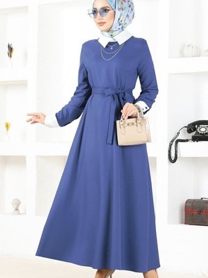 İndigo & Ekru Yakalı Gömlek Elbise