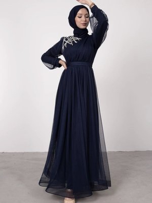 Önü Taşlı Detaylı Drapeli Kemerli Tül Abiye Elbise