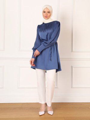 Saten Balon Kol Tunik Galaxy Blue