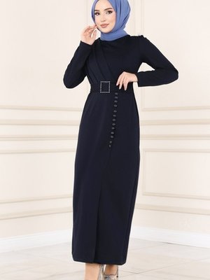 Lacivert Aksesuar Düğmeli Kalem Elbise