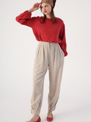 Bej Pileli Paça Apoletli Keten Pantolon