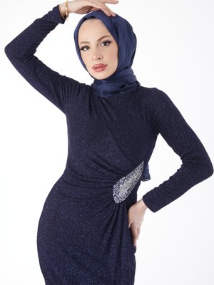 Lacıvert Beli Taş Detaylı Abiye Elbise Lacıvert Beli Taş Detaylı Abiye Elbise