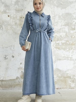 Fırfırlı Detay Tünel Kemerli Kot Elbise Mavi