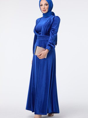 Saks Balon Kol Beli Kuşaklı Kadife Abiye Elbise