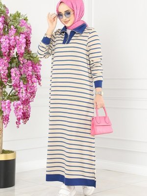 İndigo Çizgili Spor Elbise
