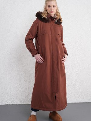 Çıkarılabilir Kapüşonlu Suni Kürk Detay Kestane Mont
