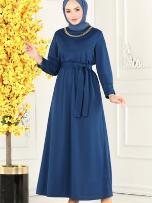 İndigo Zincir Detaylı Elbise