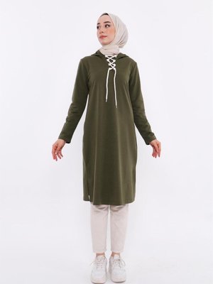 Eflin Yakadan Bağlamalı Kapüşonlu Uzun Sweatshirt Haki