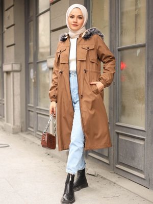 Ön Cep Kesik Detay Kürklü Mont Vizon