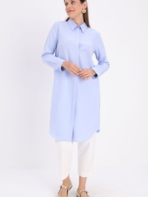 Mavi Gizli Patlı Pamuklu Gömlek Tunik