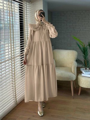 Bebe Yaka Fırfırlı Parçalı İthal Keten Elbise