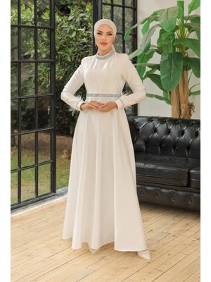 Beyaz Verana Saten Abiye Elbise