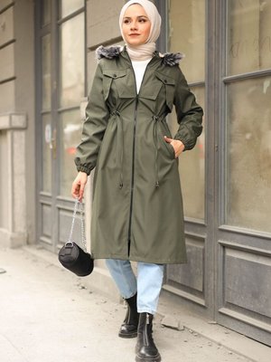 Ön Cep Kesik Detay Kürklü Mont Haki