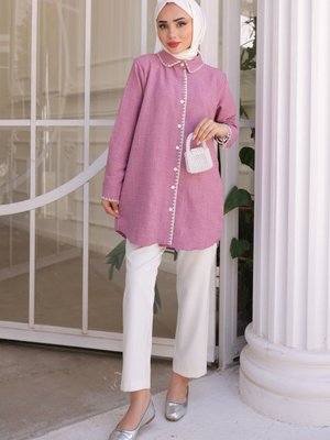 Gül Kurusu Ön Yaka Detaylı Keten Gömlek