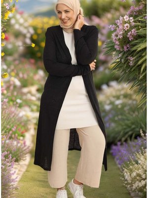 Büyük Beden Sade Şalaş Siyah Mevsimlik Ince Uzun Düz Hırka