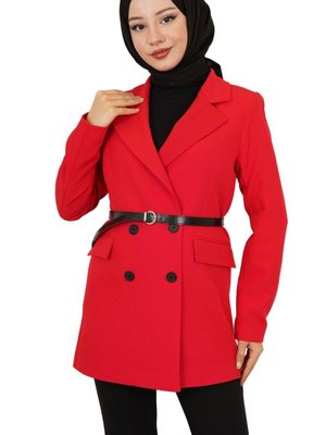 Kırmızı Kruvaze Yaka Kemerli Dört Düğmeli Ceket