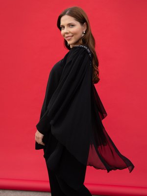 Siyah Büyük Beden Taş Detaylı Asimetrik Kesim Abiye Takım