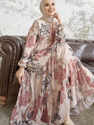 Jalya Yakası Düğmeli Ipli Şifon Elbise  Pudra