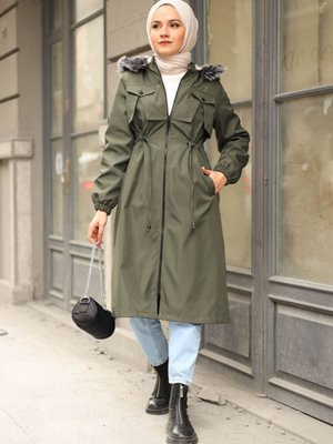 Ön Cep Kesik Detay Kürklü Mont Haki