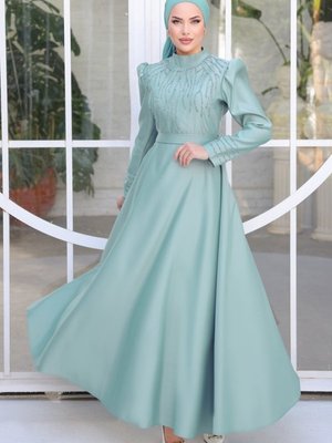 Mint Taş Detaylı Saten Abiye Elbise Mint Taş Detaylı Saten Abiye Elbise