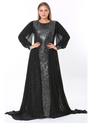 Büyük Beden Antrasit Uzun Abiye Elbise