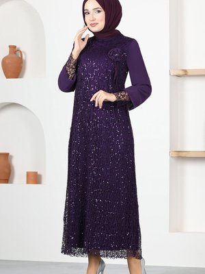 File Pullu Güllü Abiye Elbise Mürdüm