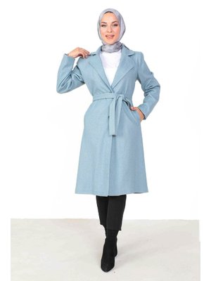 Mavi Kruvaze Yaka Beli Kuşaklı Kaşe Kaban Mavi Kruvaze Yaka Beli Kuşaklı Kaşe Kaban