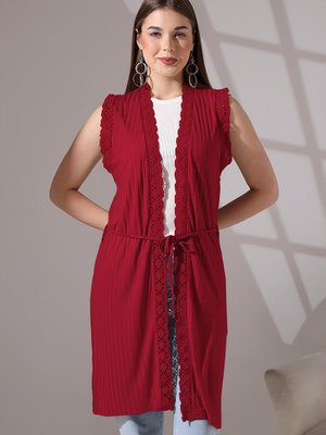 Yumuşak Dokulu Penye Dantel Detaylı Kuşaklı Uzun Yelek Büyük Beden & Hırka Yumuşak Dokulu Penye Dantel Detaylı Kuşaklı Uzun Yelek Büyük Beden & Hırka