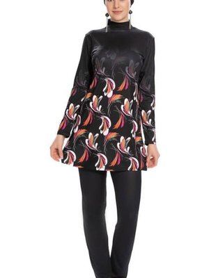 Siyah Likralı Alt Detay Yaprak Demeti Tam Kapalı Mayo