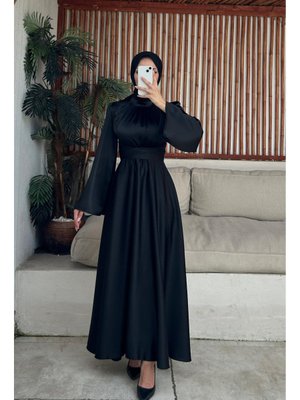 Saten Kolları Volanlı Uzun Tesettur Abiye Elbise