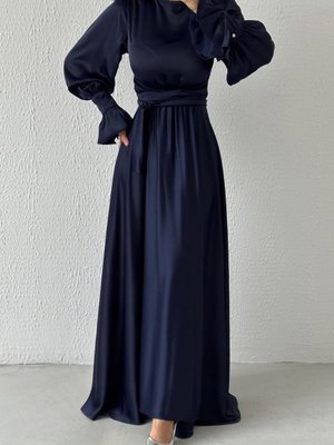 Volan Kol Detaylı Saten Abiye Elbise Lacivert Volan Kol Detaylı Saten Abiye Elbise Lacivert