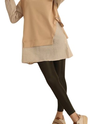 Bisküvi Kolu Ve Beli Kare Desen Kuşaklı Tunik