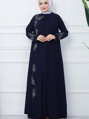 Büyük Beden Yaprak Taşlı Anne Elbisesi Lacivert