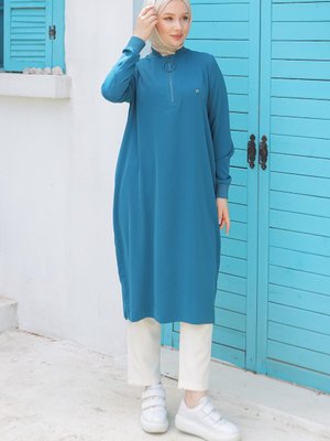 Ribanalı Fermuarlı Krep Kumaşlı Tunik