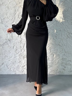 Şık Tasarım Siyah Kemerli Şifon Abiye Elbise Şık Tasarım Siyah Kemerli Şifon Abiye Elbise