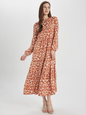 Bisiklet Yaka Desenli Uzun Kollu Maxi Elbise A2354ax24sp