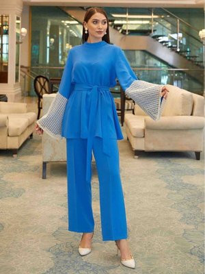 Kolu Dantelli Krep Takım Mavi