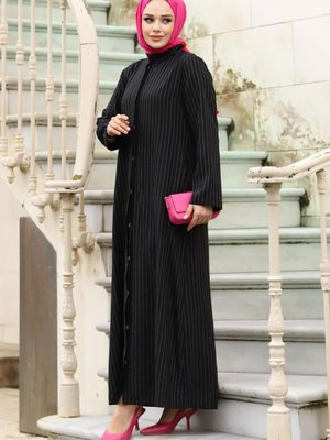 Boydan Gizli Düğmeli Çizgili Ferace Siyah